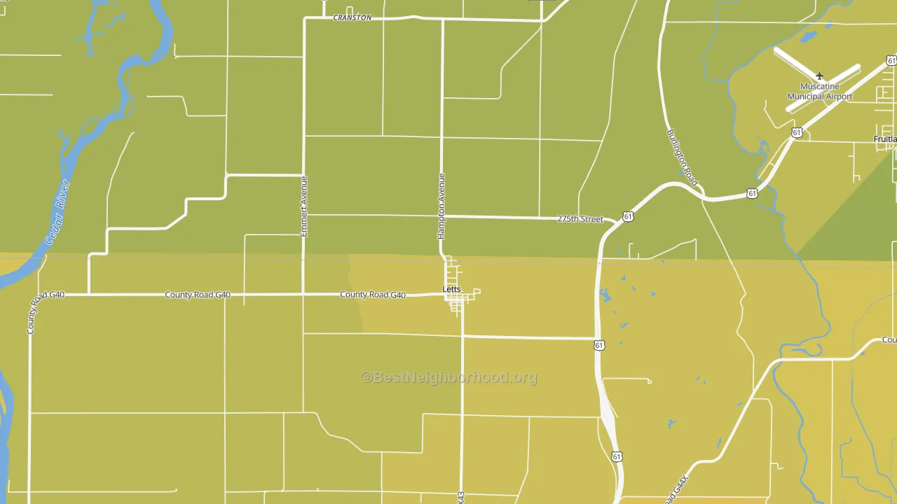 Map of the best neighborhoods in the 52754 area, with better matches in green and worse matches in red