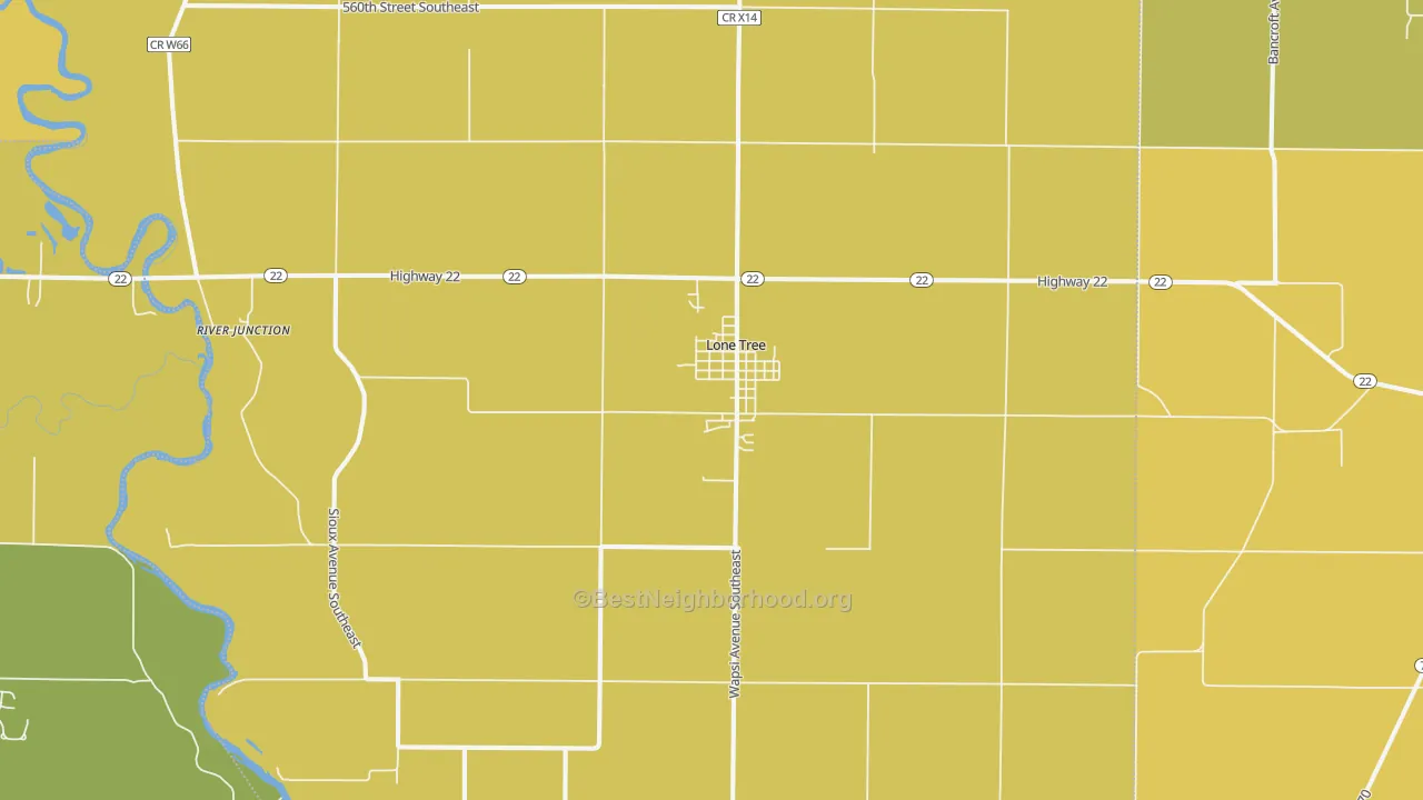 Map of the best neighborhoods in the 52755 area, with better matches in green and worse matches in red