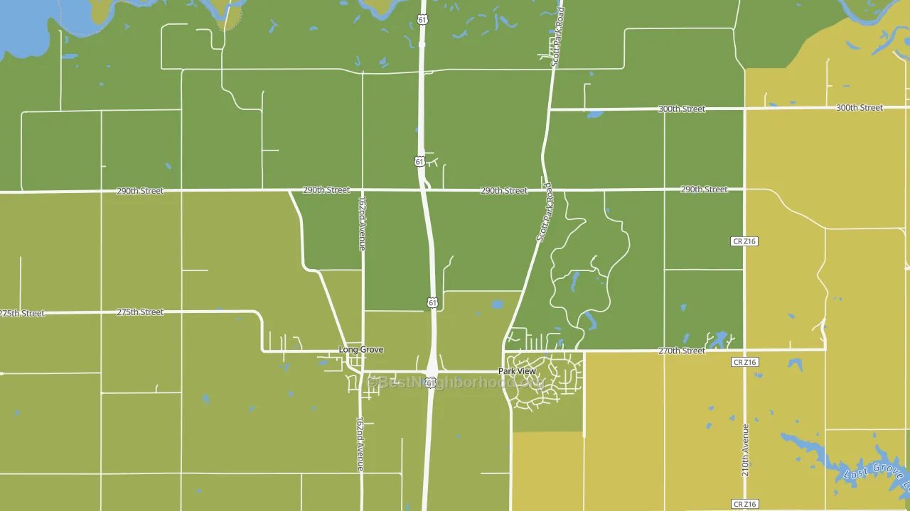 Map of the best neighborhoods in the 52756 area, with better matches in green and worse matches in red