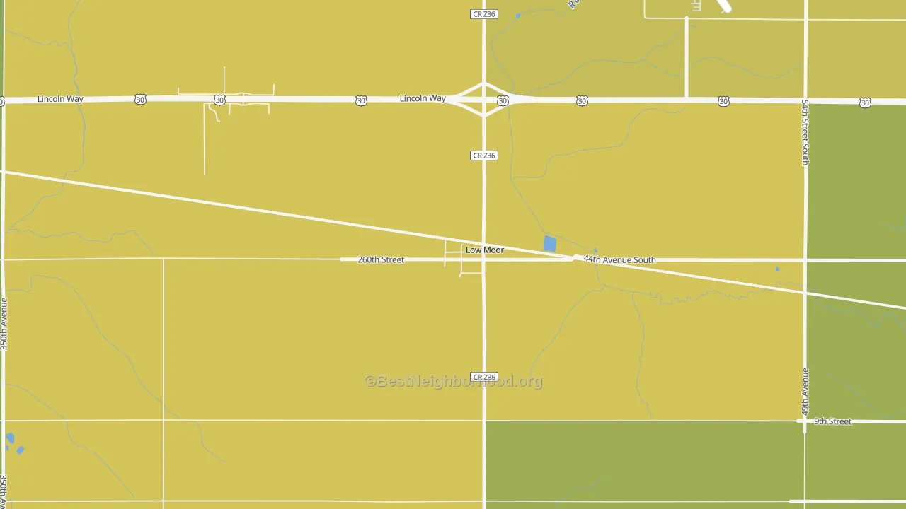 Map of the best neighborhoods in the 52757 area, with better matches in green and worse matches in red