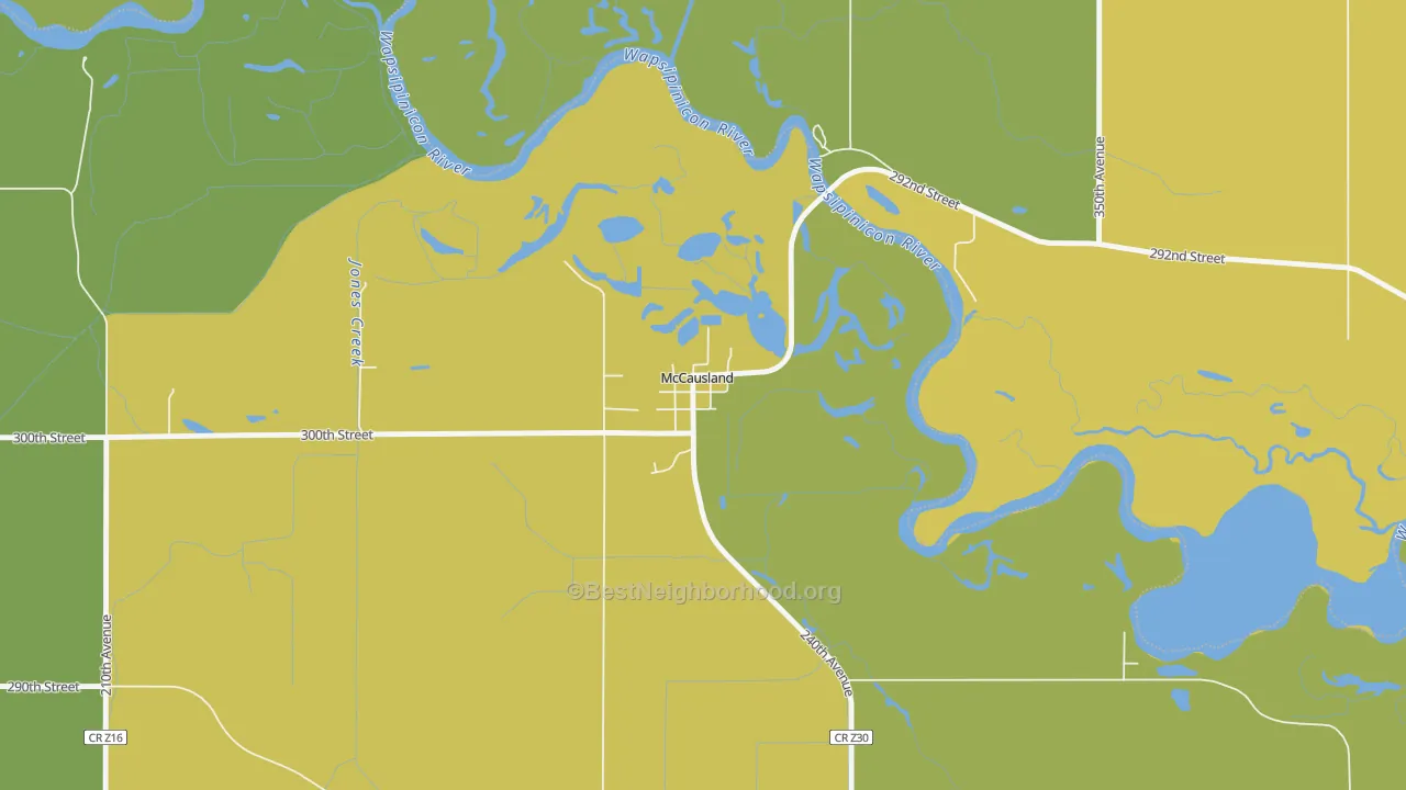 Map of the best neighborhoods in the 52758 area, with better matches in green and worse matches in red