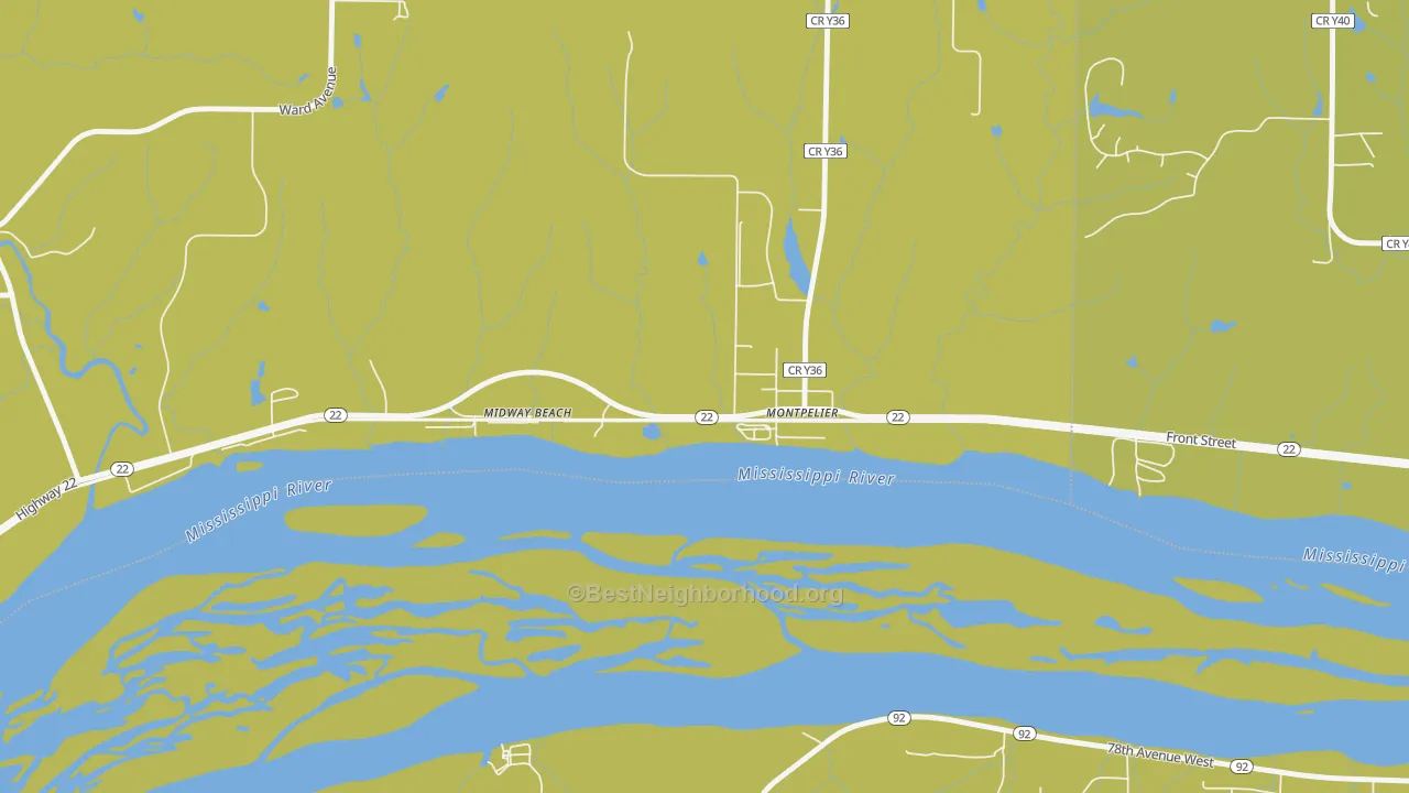 Map of the best neighborhoods in the 52759 area, with better matches in green and worse matches in red