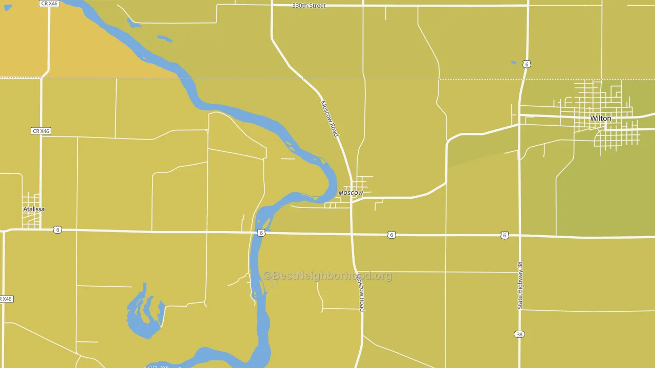 Map of the best neighborhoods in the 52760 area, with better matches in green and worse matches in red
