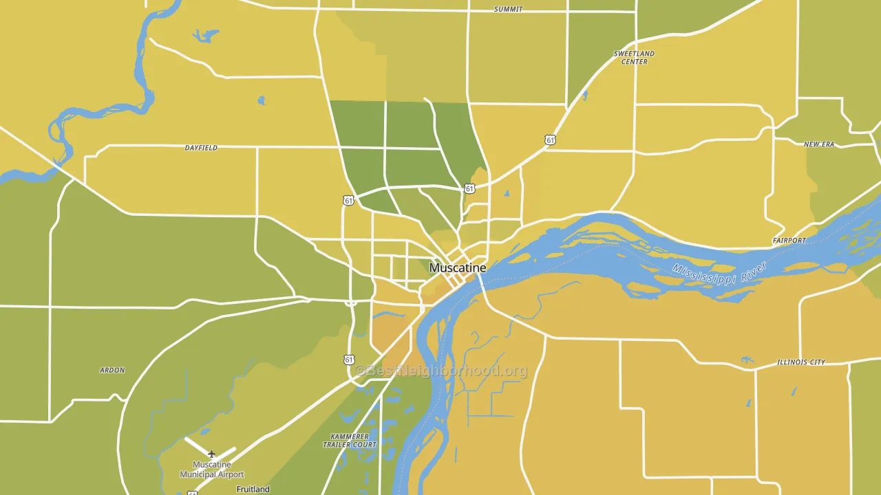 Map of the best neighborhoods in the 52761 area, with better matches in green and worse matches in red