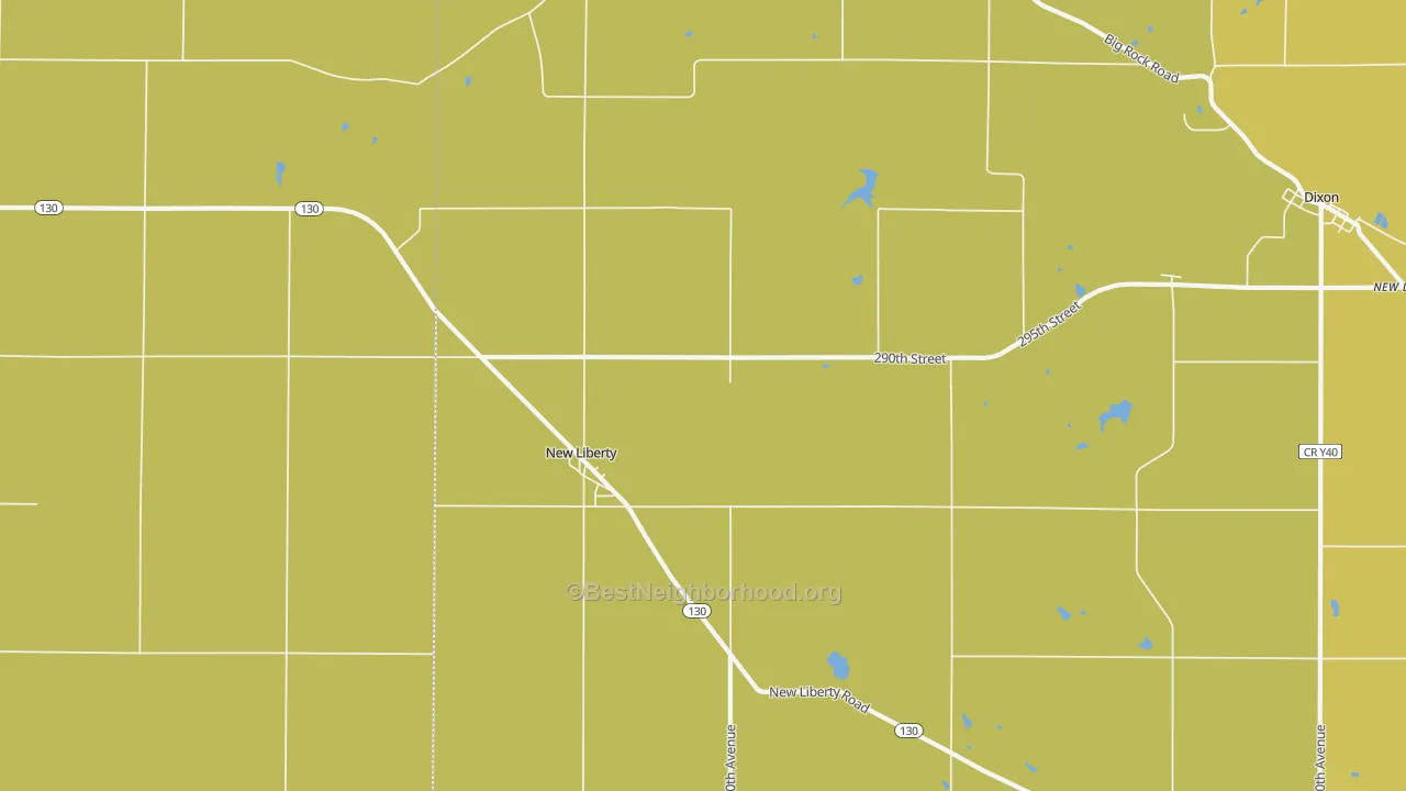 Map of the best neighborhoods in the 52765 area, with better matches in green and worse matches in red