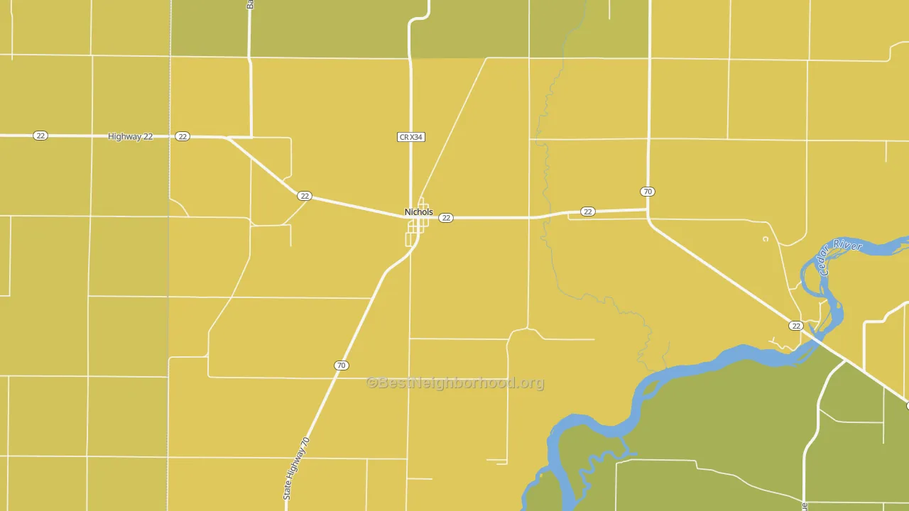 Map of the best neighborhoods in the 52766 area, with better matches in green and worse matches in red