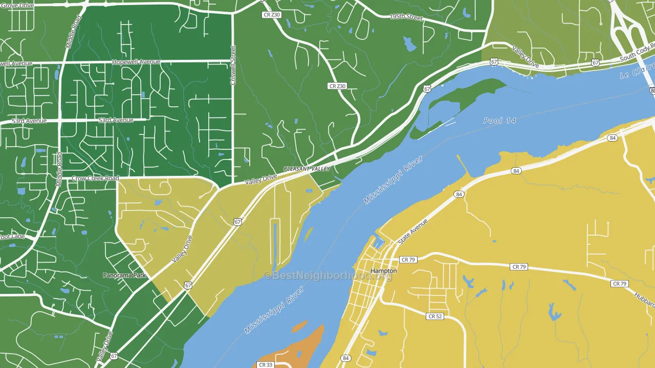 Map of the best neighborhoods in the 52767 area, with better matches in green and worse matches in red