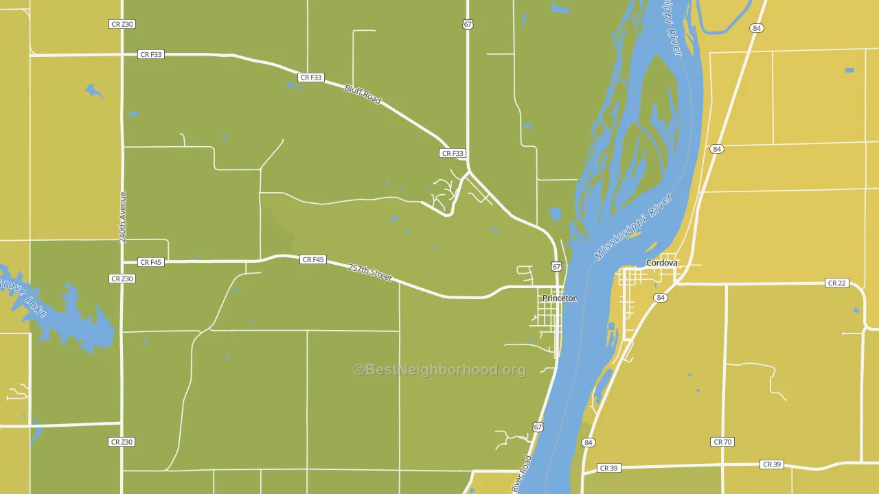 Map of the best neighborhoods in the 52768 area, with better matches in green and worse matches in red