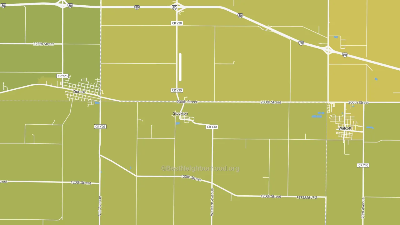 Map of the best neighborhoods in the 52769 area, with better matches in green and worse matches in red