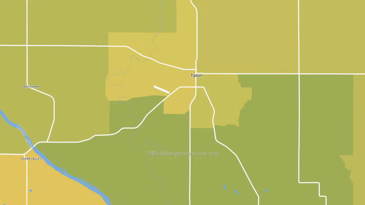 Map of the best neighborhoods in the 52772 area, with better matches in green and worse matches in red