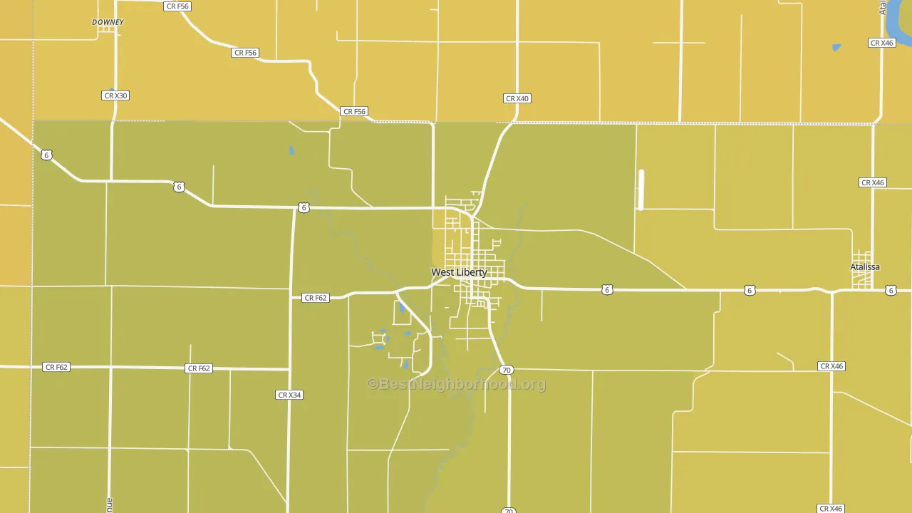 Map of the best neighborhoods in the 52776 area, with better matches in green and worse matches in red