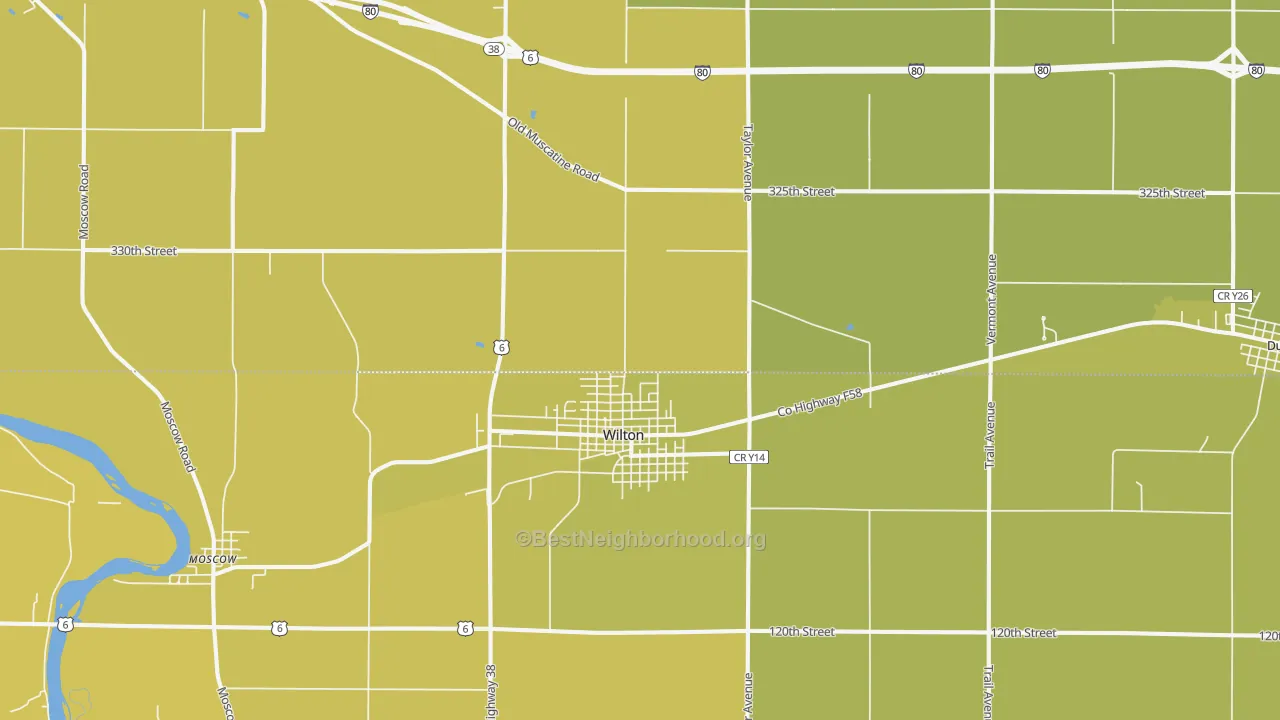 Map of the best neighborhoods in the 52778 area, with better matches in green and worse matches in red