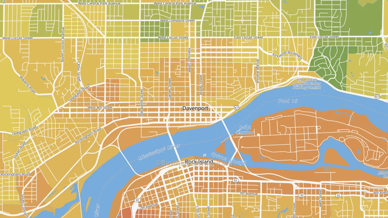 Map of the best neighborhoods in the 52801 area, with better matches in green and worse matches in red