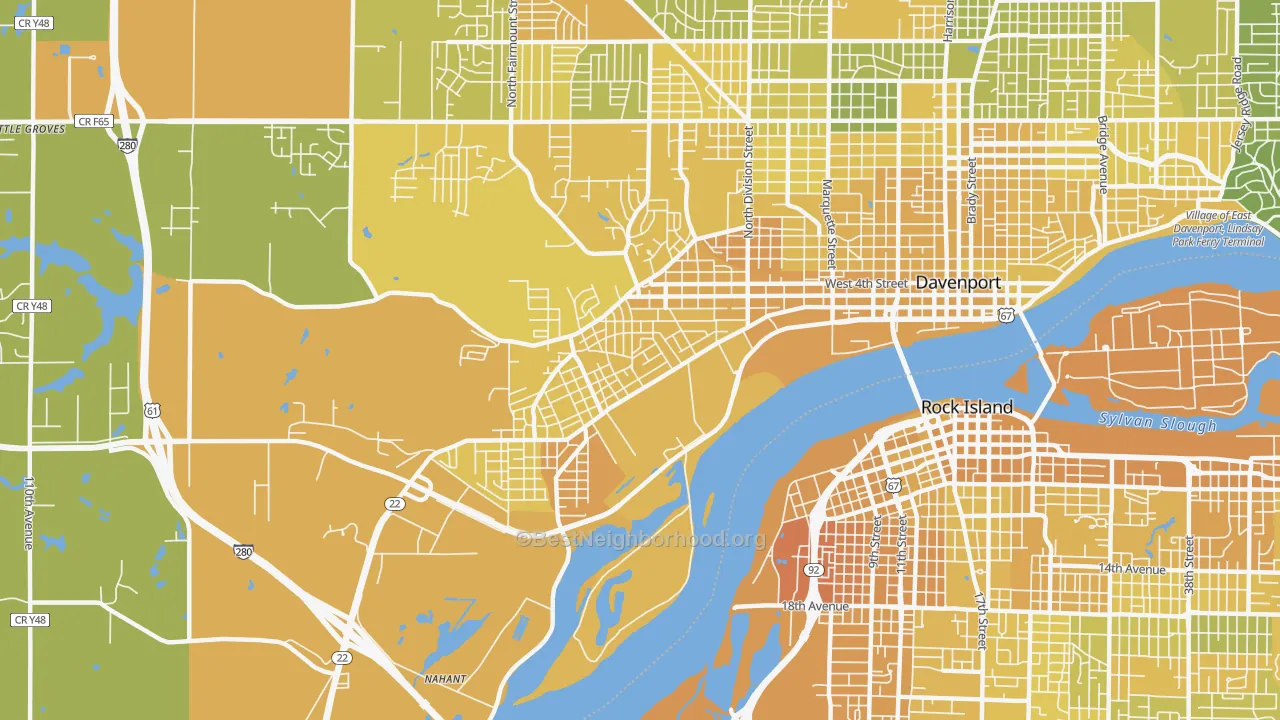 Map of the best neighborhoods in the 52802 area, with better matches in green and worse matches in red