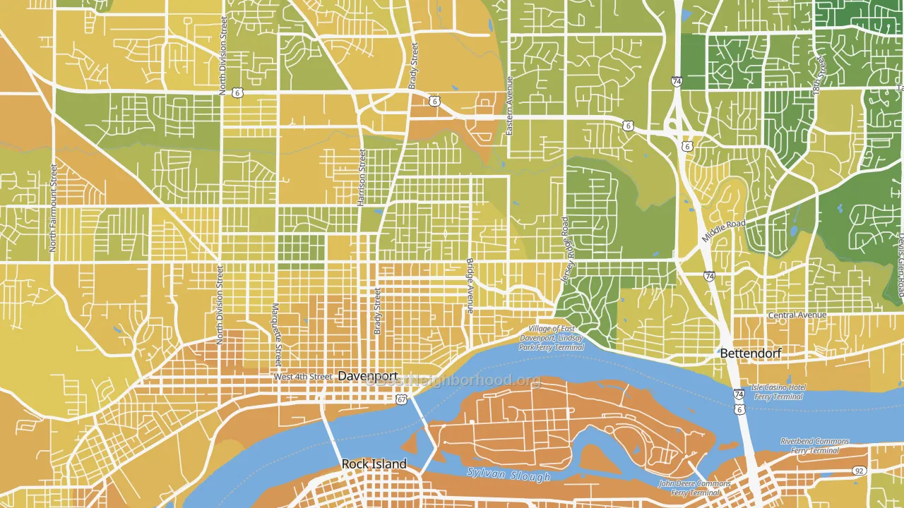 Map of the best neighborhoods in the 52803 area, with better matches in green and worse matches in red