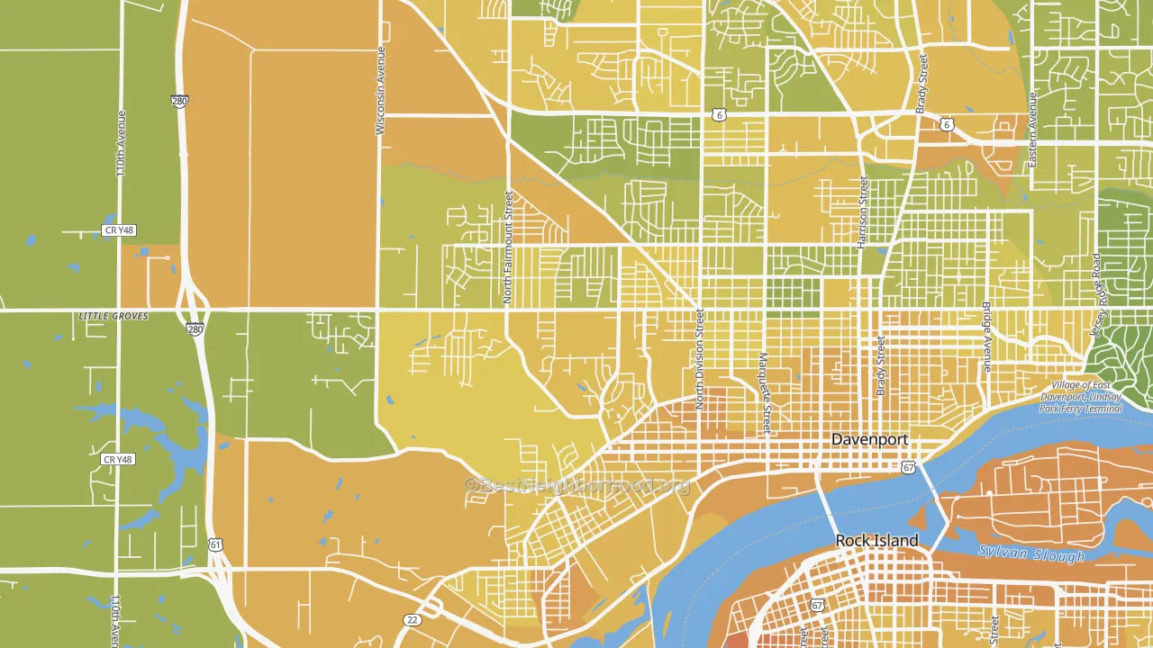 Map of the best neighborhoods in the 52804 area, with better matches in green and worse matches in red