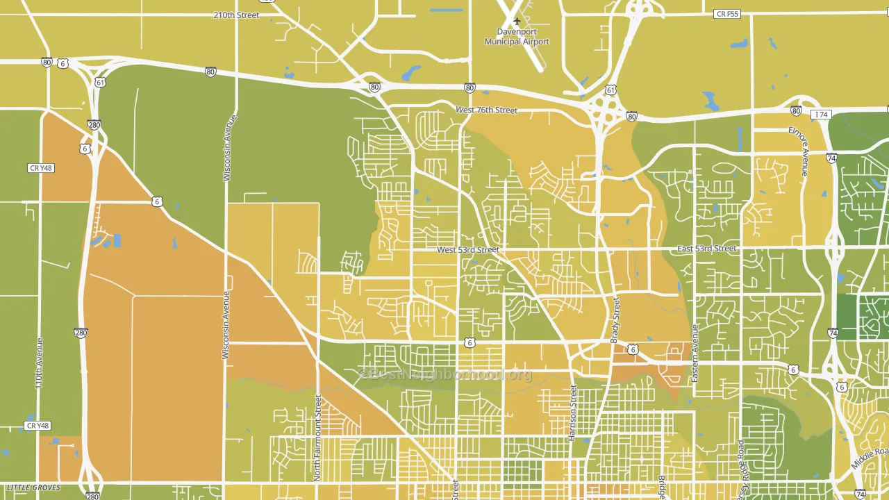 Map of the best neighborhoods in the 52806 area, with better matches in green and worse matches in red