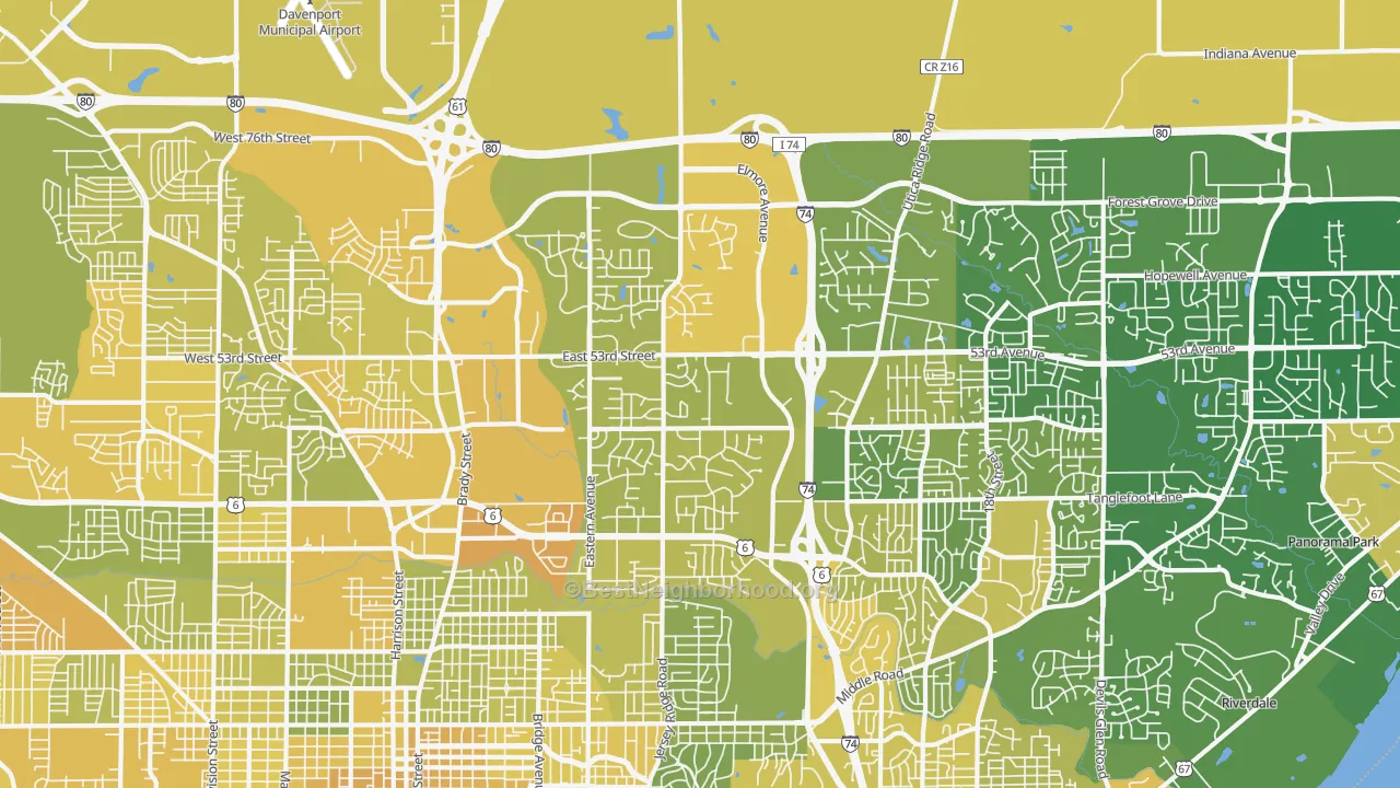 Map of the best neighborhoods in the 52807 area, with better matches in green and worse matches in red