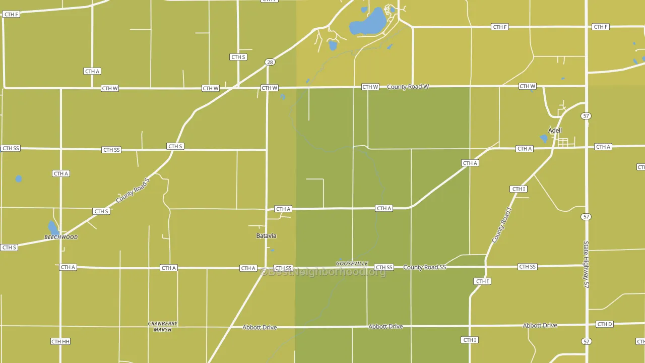 Map of the best neighborhoods in the 53001 area, with better matches in green and worse matches in red