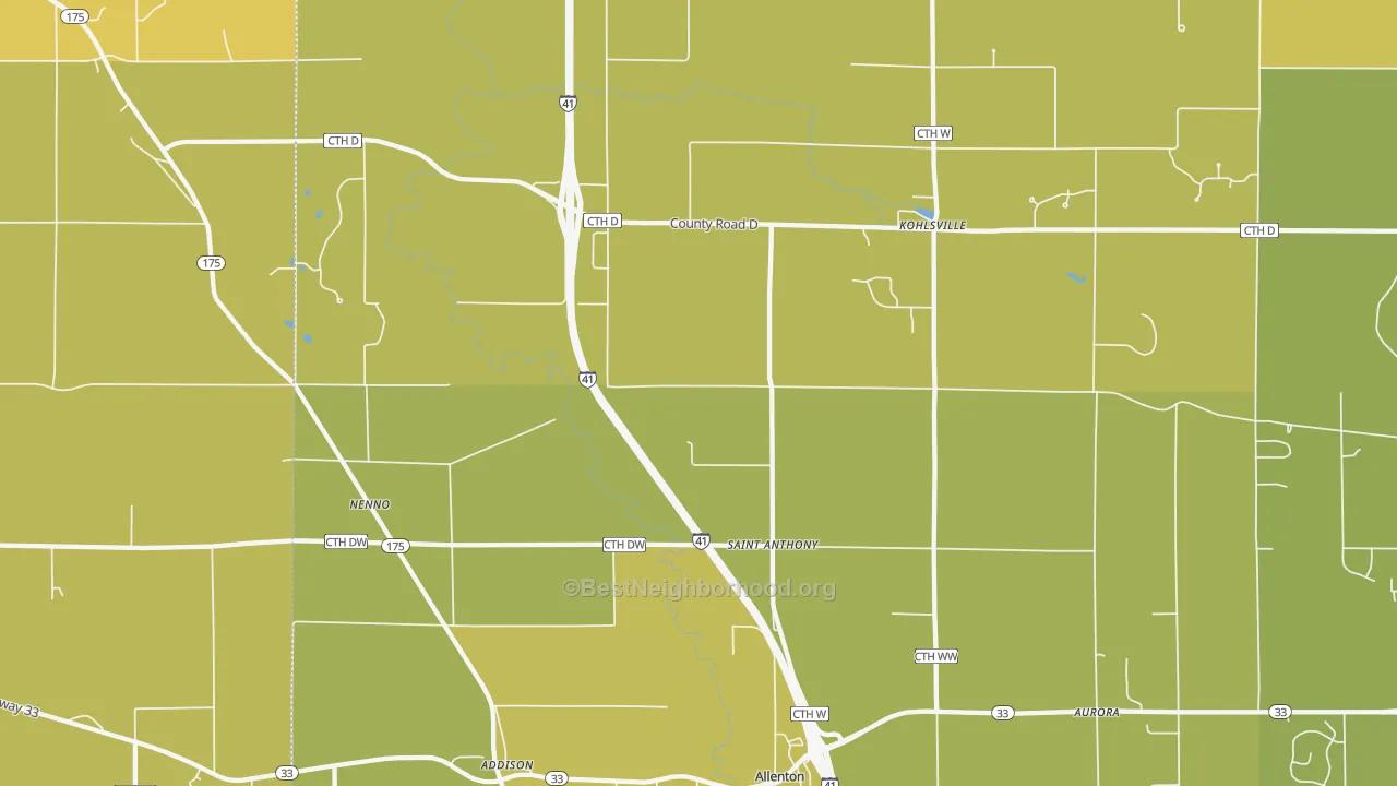 Map of the best neighborhoods in the 53002 area, with better matches in green and worse matches in red