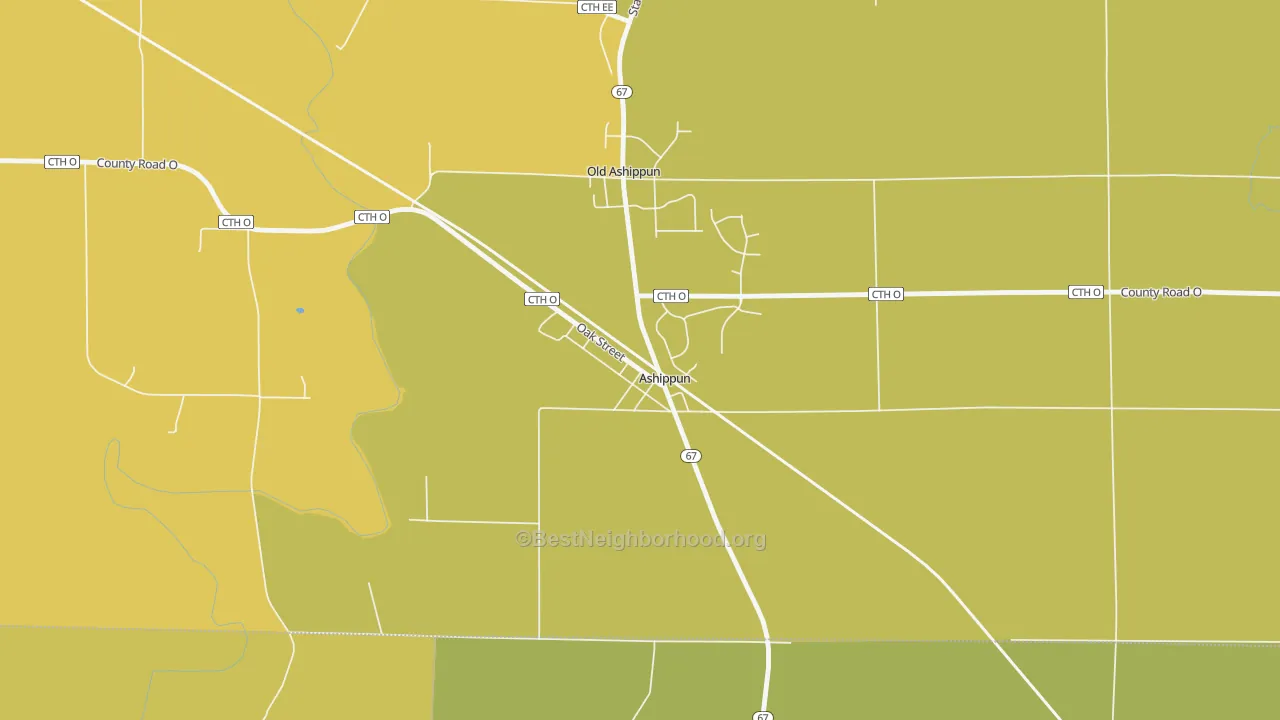 Map of the best neighborhoods in the 53003 area, with better matches in green and worse matches in red