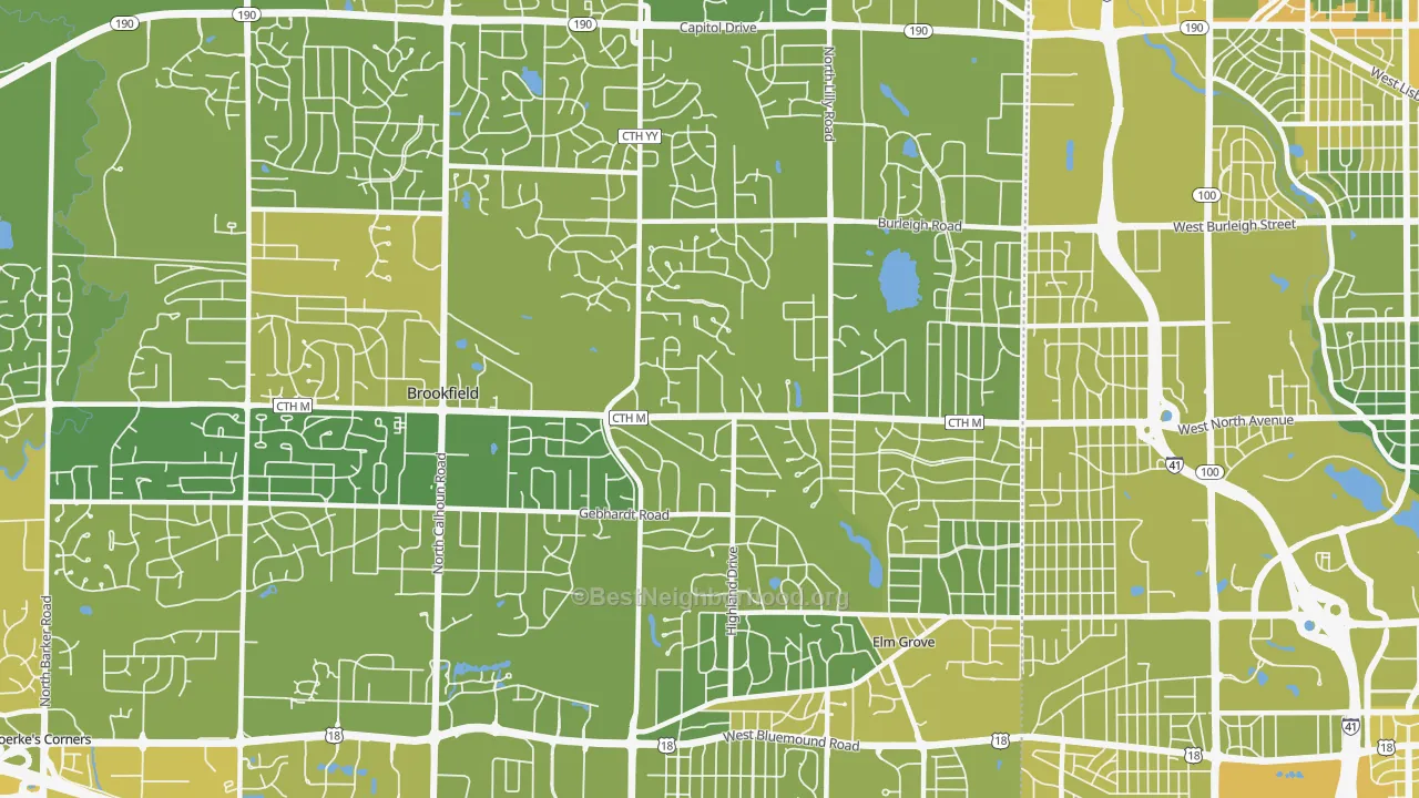 Map of the best neighborhoods in the 53005 area, with better matches in green and worse matches in red