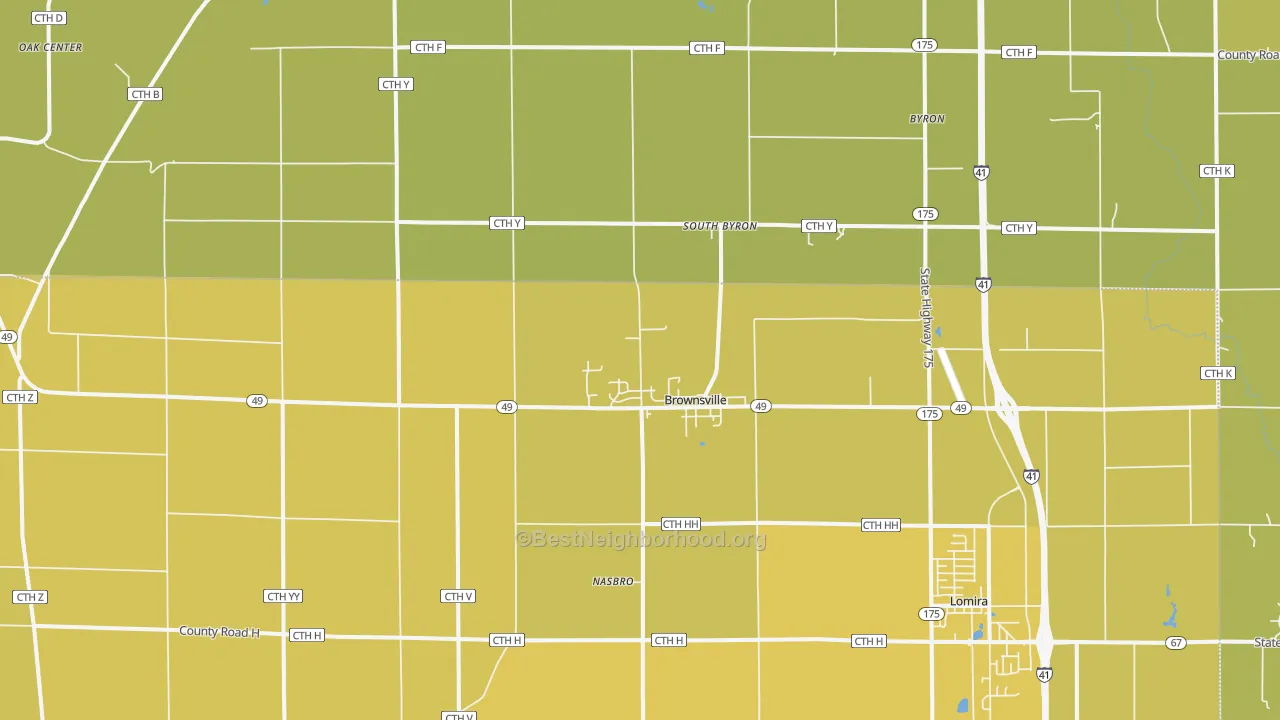 Map of the best neighborhoods in the 53006 area, with better matches in green and worse matches in red