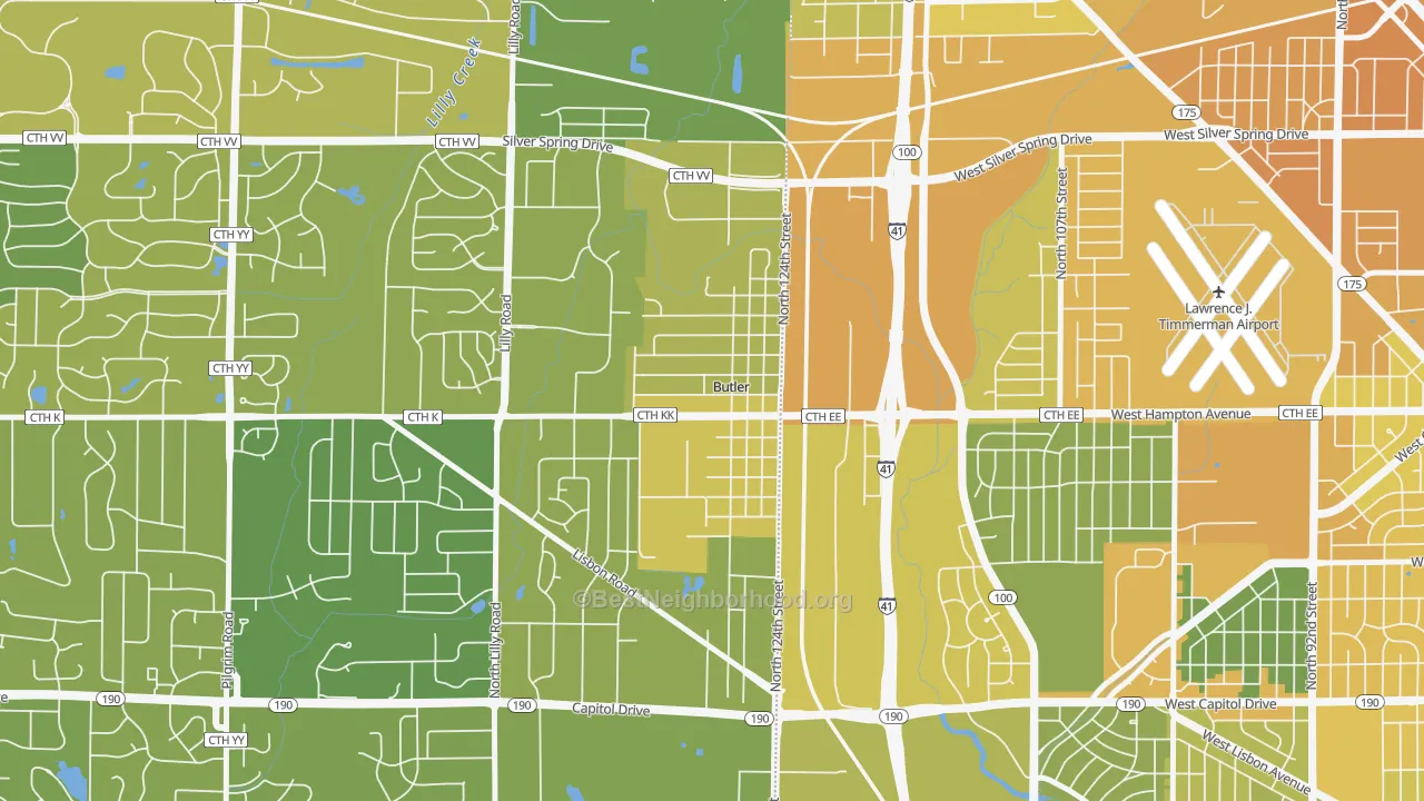 Map of the best neighborhoods in the 53007 area, with better matches in green and worse matches in red