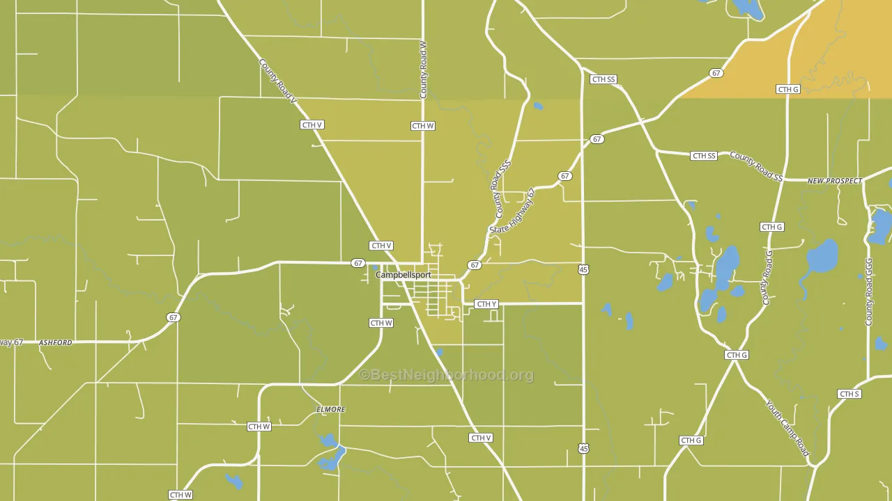 Map of the best neighborhoods in the 53010 area, with better matches in green and worse matches in red