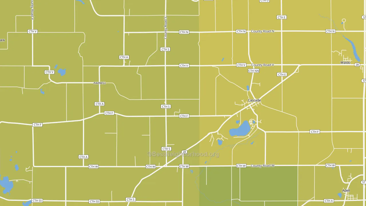 Map of the best neighborhoods in the 53011 area, with better matches in green and worse matches in red