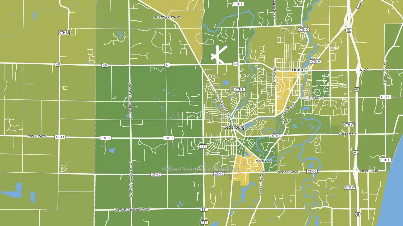 Map of the best neighborhoods in the 53012 area, with better matches in green and worse matches in red