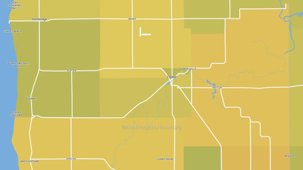 Map of the best neighborhoods in the 53014 area, with better matches in green and worse matches in red