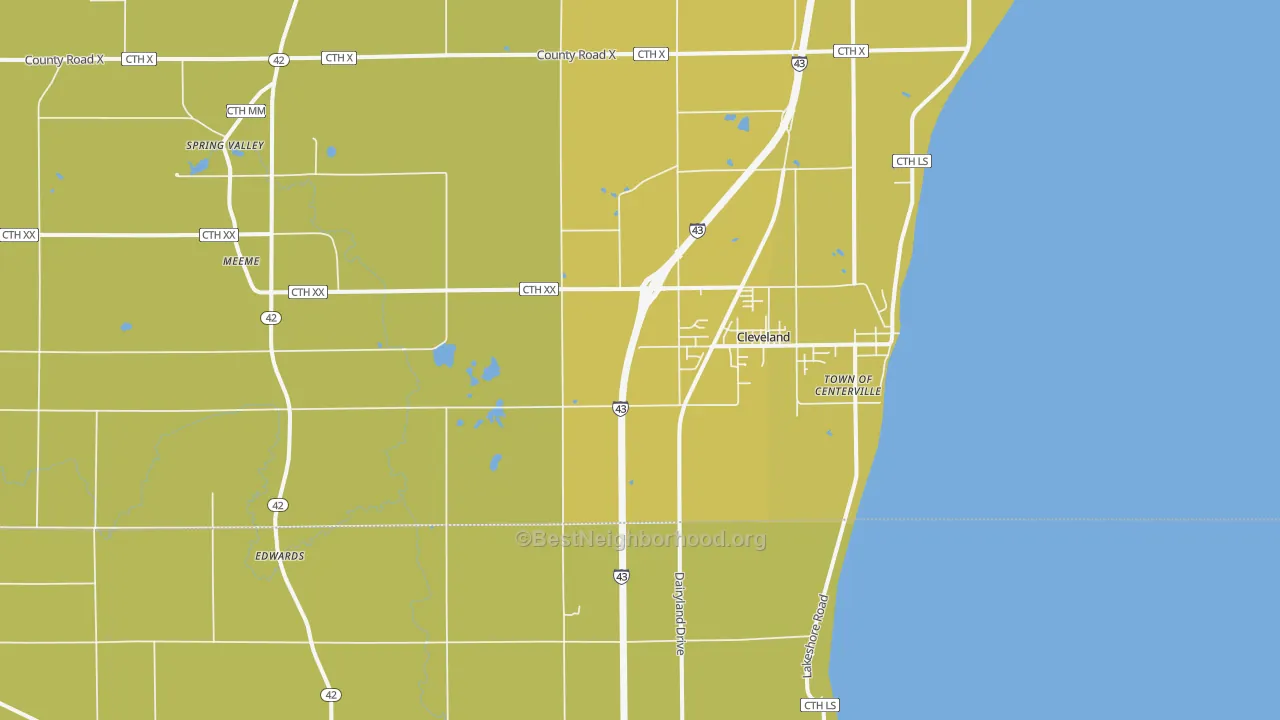 Map of the best neighborhoods in the 53015 area, with better matches in green and worse matches in red