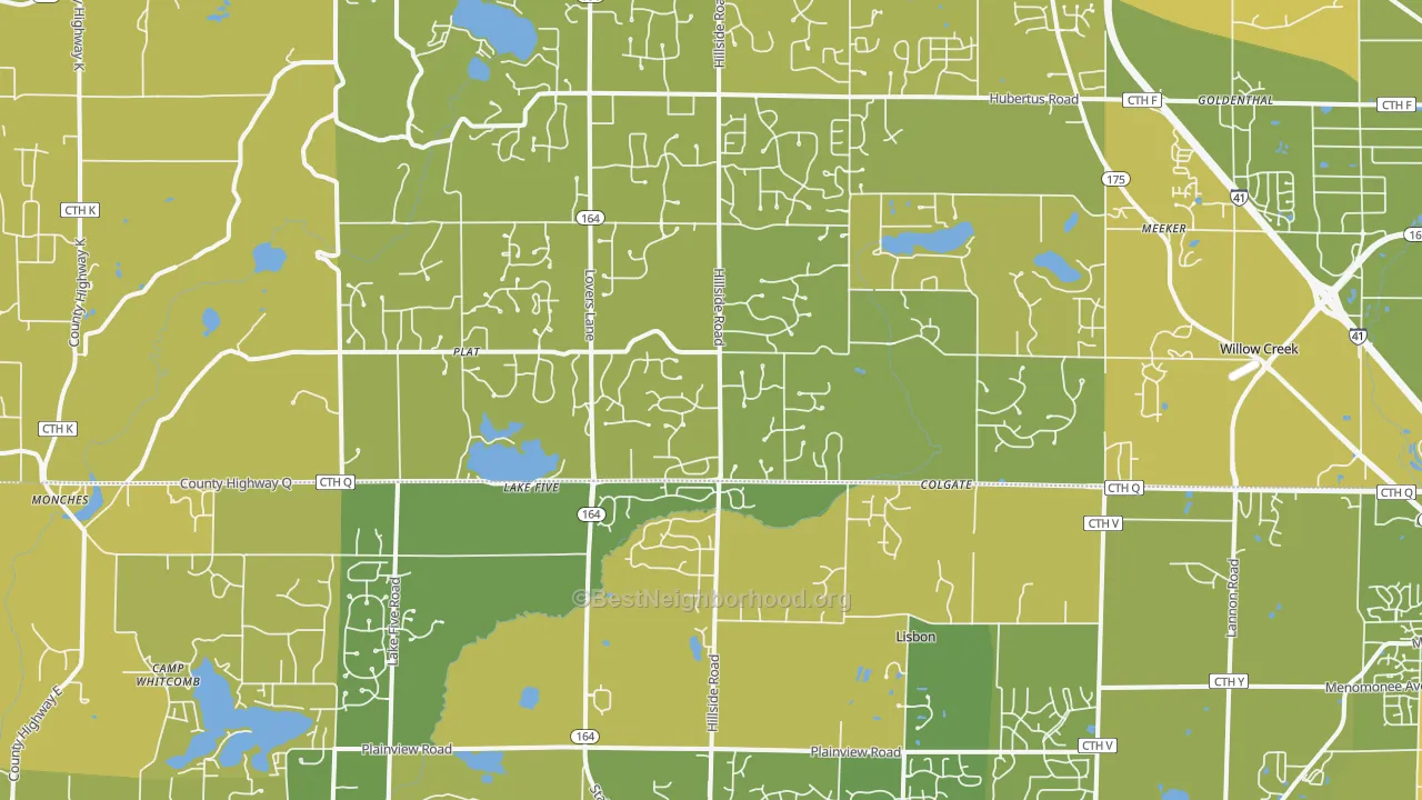 Map of the best neighborhoods in the 53017 area, with better matches in green and worse matches in red
