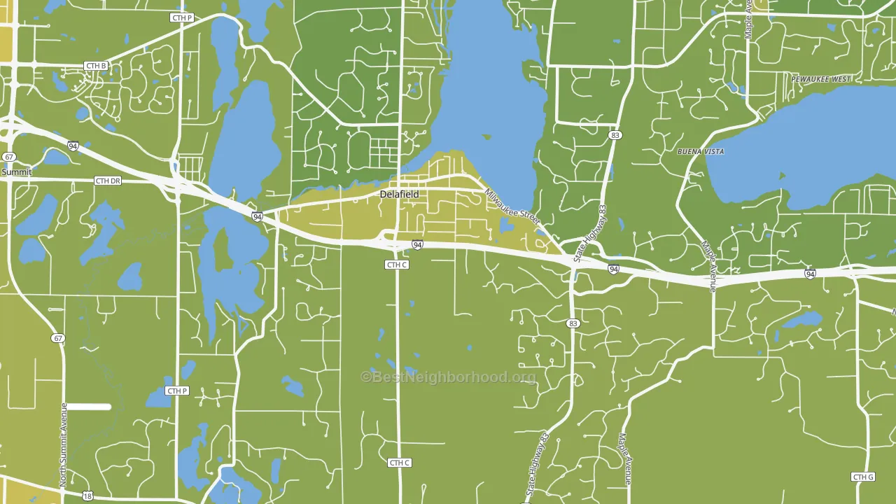 Map of the best neighborhoods in the 53018 area, with better matches in green and worse matches in red