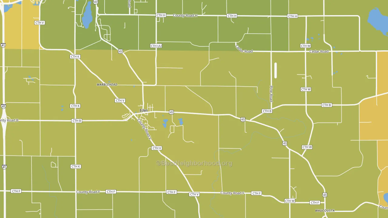Map of the best neighborhoods in the 53019 area, with better matches in green and worse matches in red
