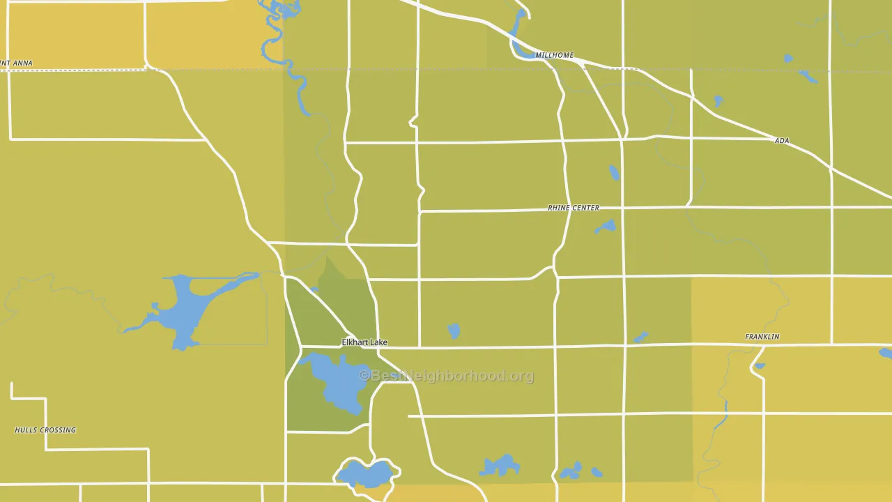 Map of the best neighborhoods in the 53020 area, with better matches in green and worse matches in red