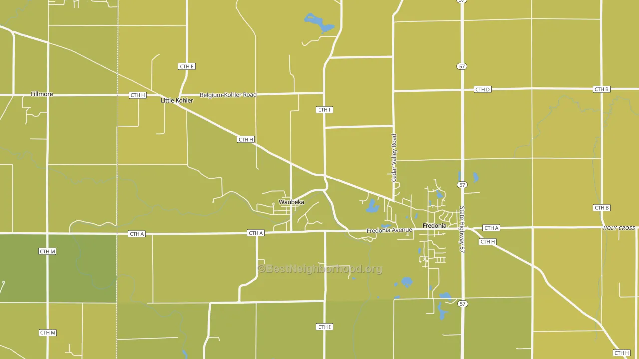 Map of the best neighborhoods in the 53021 area, with better matches in green and worse matches in red
