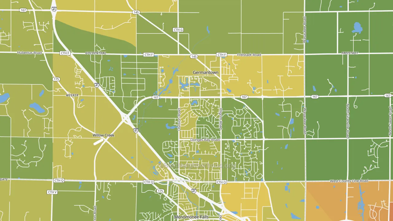 Map of the best neighborhoods in the 53022 area, with better matches in green and worse matches in red