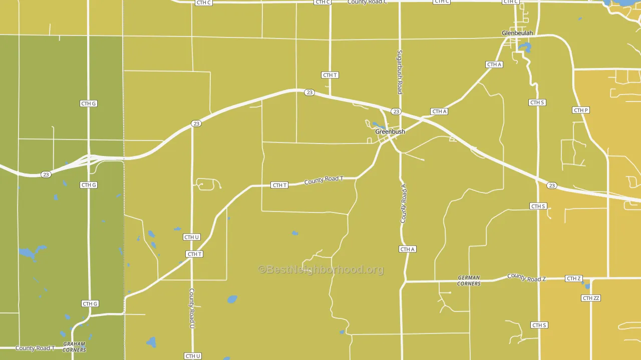 Map of the best neighborhoods in the 53023 area, with better matches in green and worse matches in red