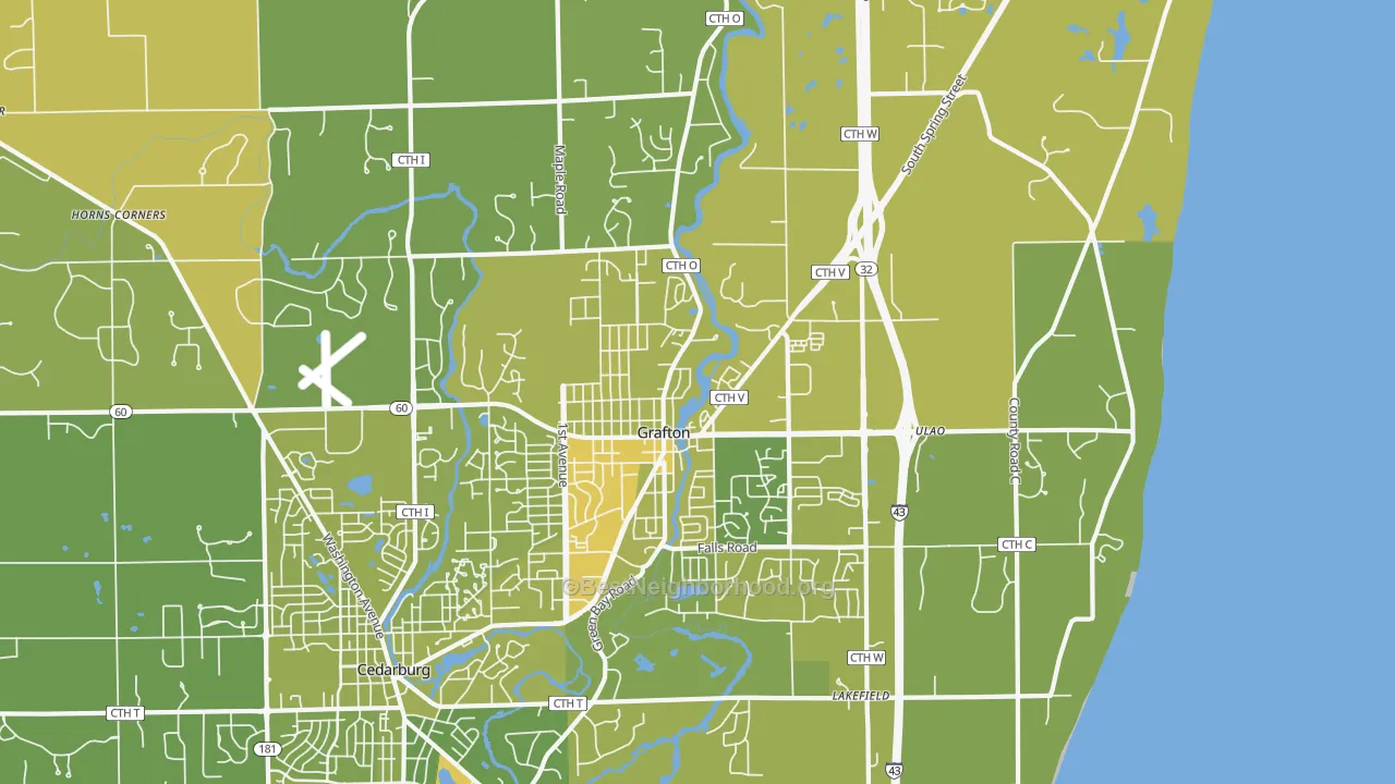 Map of the best neighborhoods in the 53024 area, with better matches in green and worse matches in red