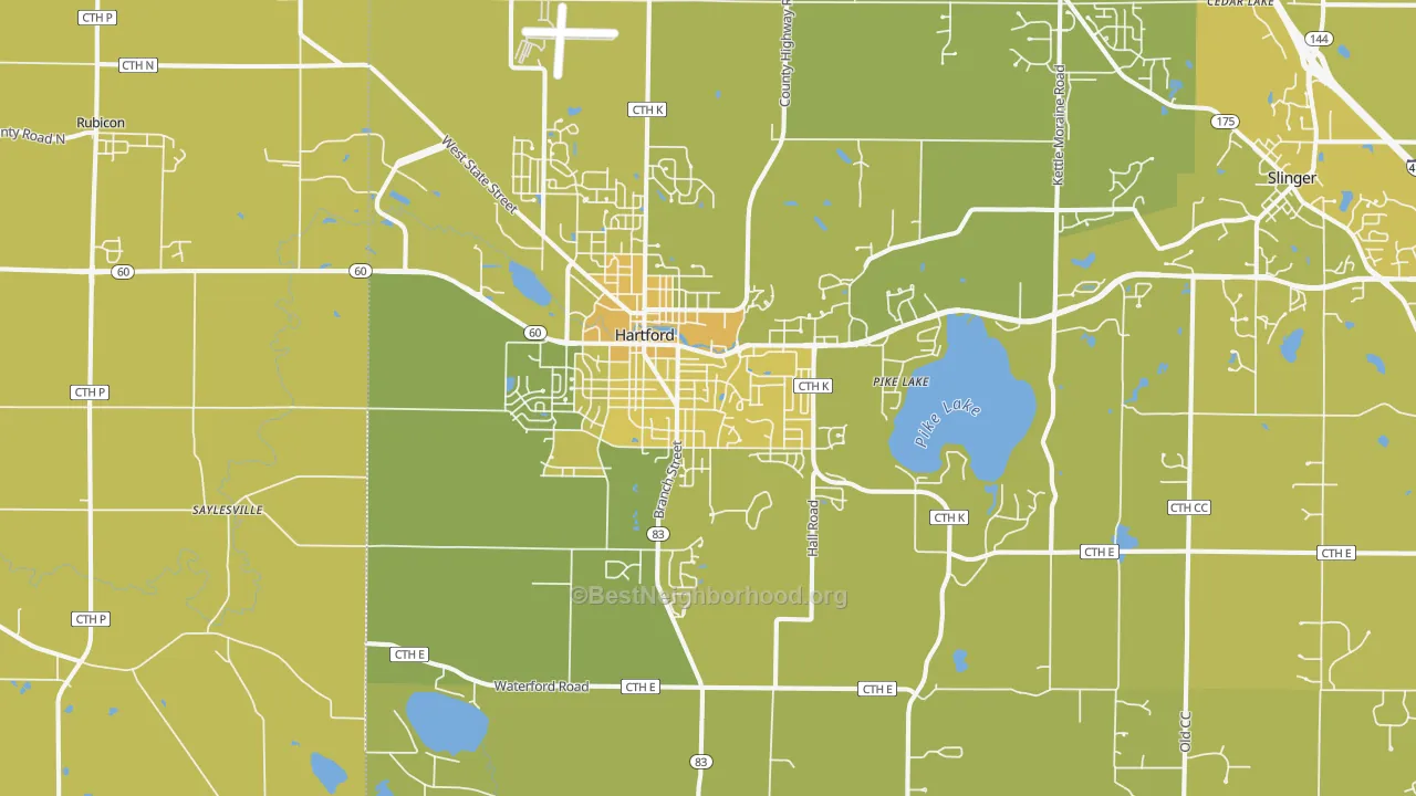 Map of the best neighborhoods in the 53027 area, with better matches in green and worse matches in red