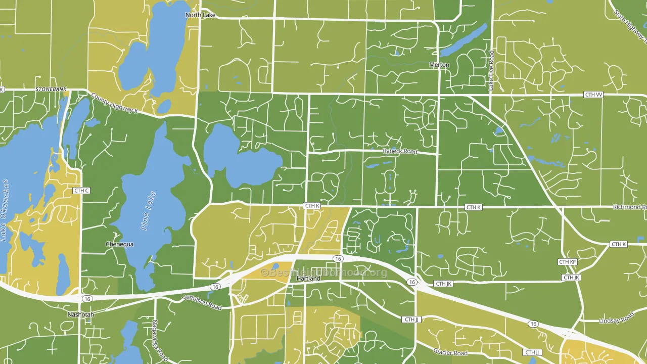 Map of the best neighborhoods in the 53029 area, with better matches in green and worse matches in red
