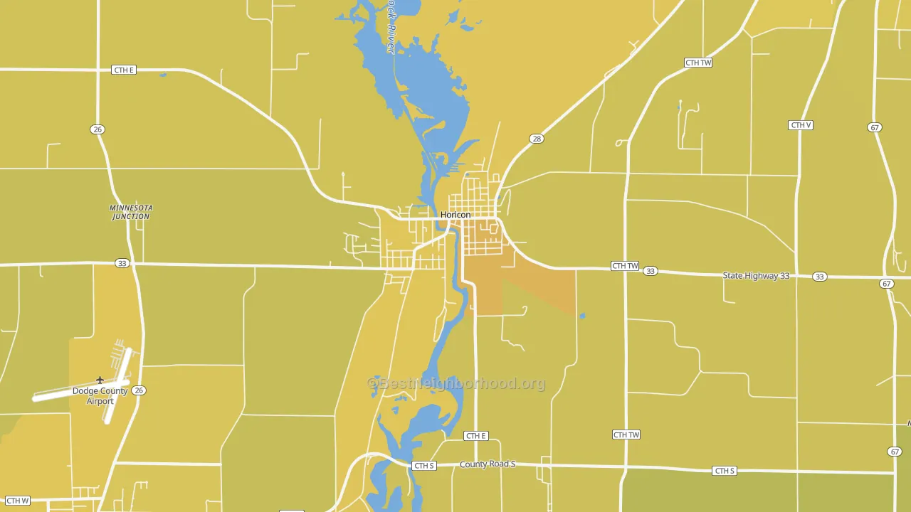 Map of the best neighborhoods in the 53032 area, with better matches in green and worse matches in red