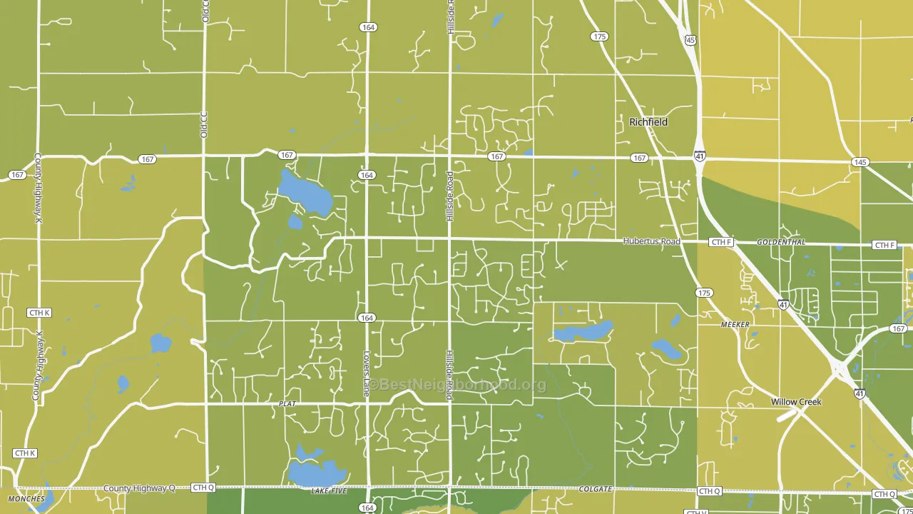 Map of the best neighborhoods in the 53033 area, with better matches in green and worse matches in red