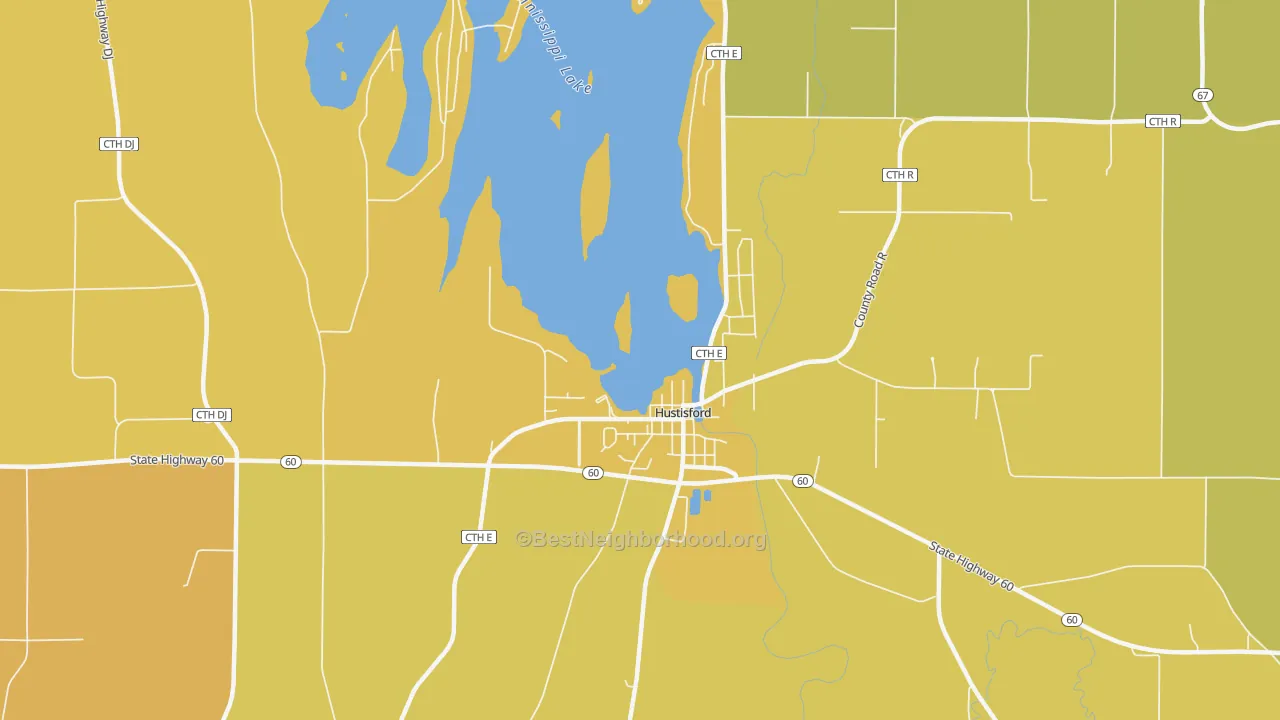 Map of the best neighborhoods in the 53034 area, with better matches in green and worse matches in red