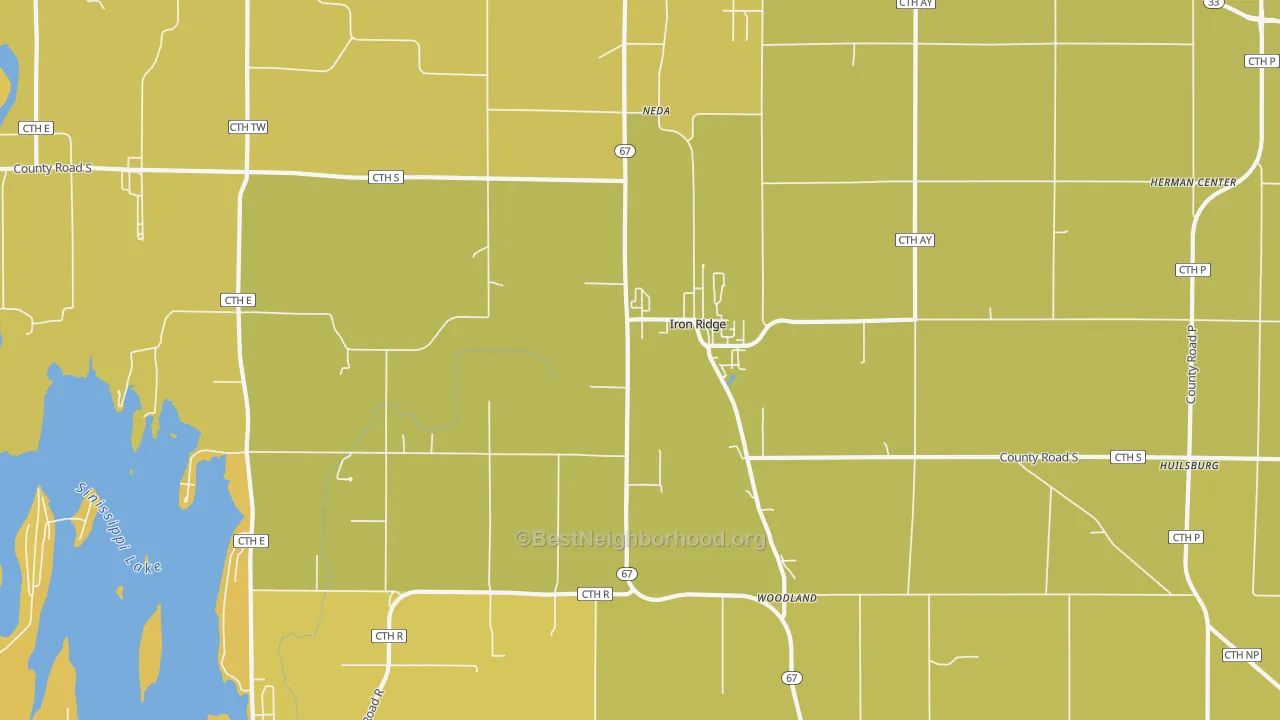 Map of the best neighborhoods in the 53035 area, with better matches in green and worse matches in red