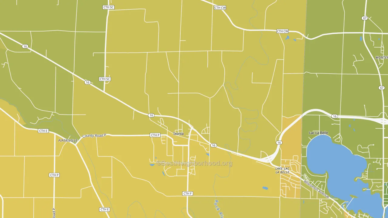 Map of the best neighborhoods in the 53036 area, with better matches in green and worse matches in red