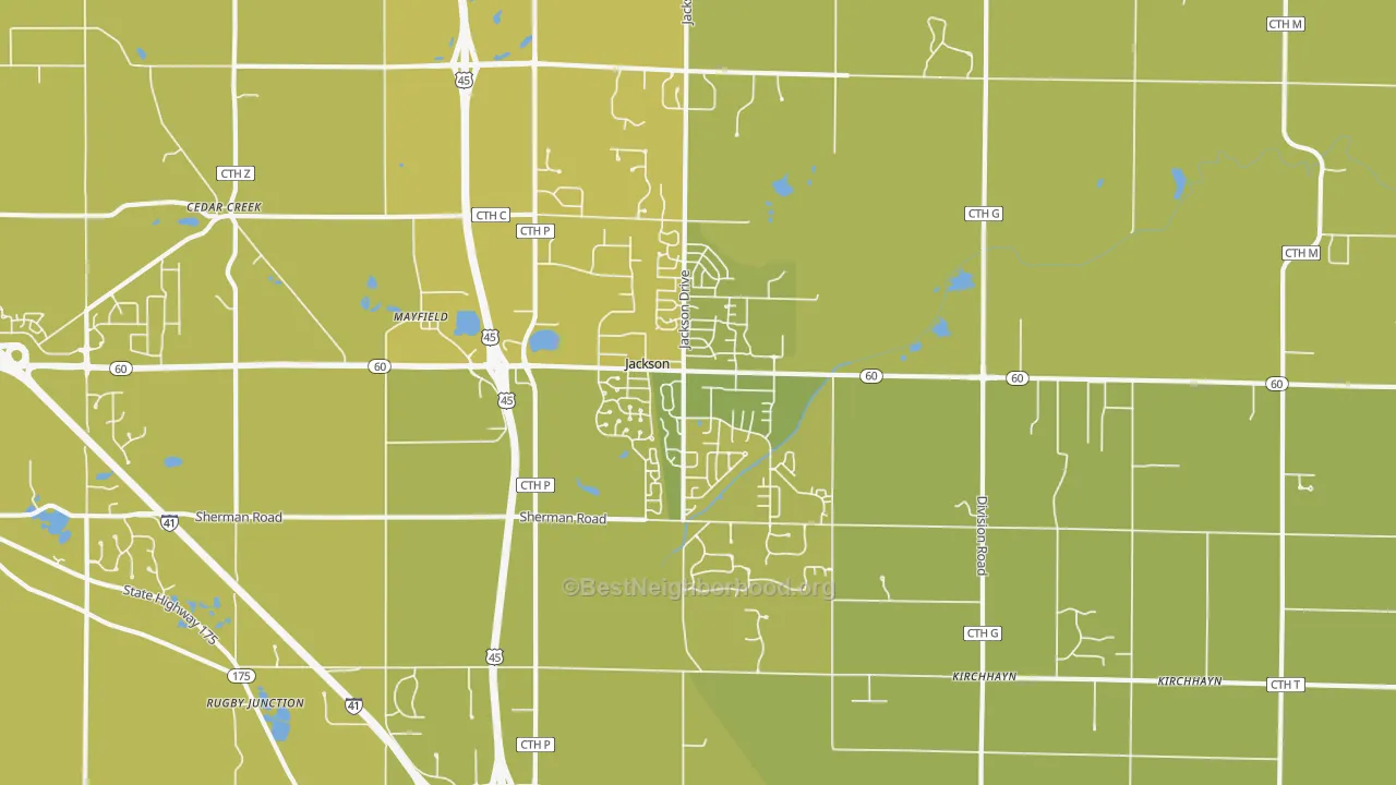 Map of the best neighborhoods in the 53037 area, with better matches in green and worse matches in red
