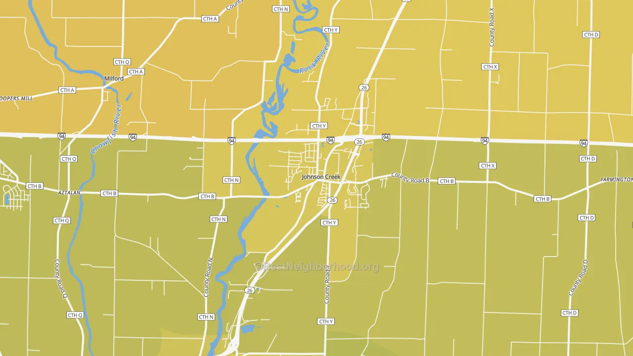 Map of the best neighborhoods in the 53038 area, with better matches in green and worse matches in red